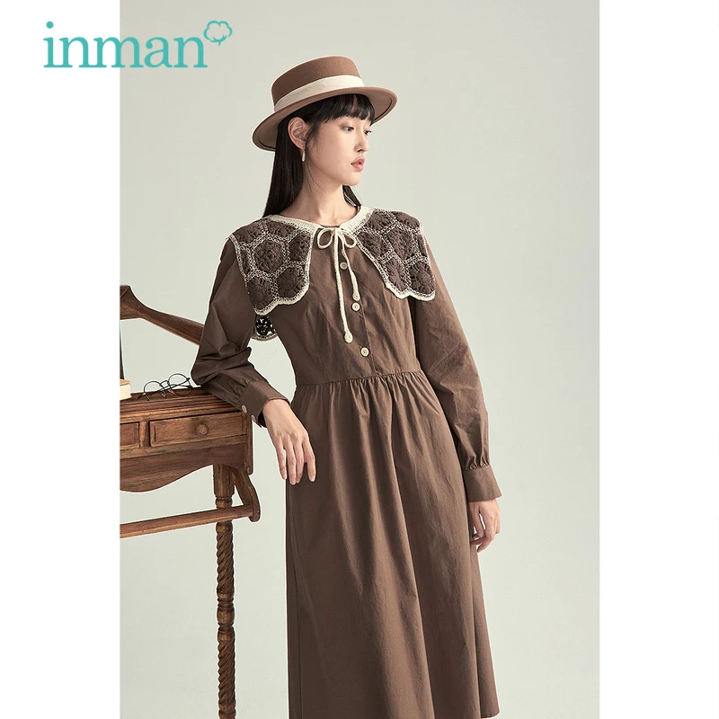 INMAN Autumn Women's Dress Literary Retro Style Splicing Lapel Design Buttons Cuffs A-Line Brown Cotton One-Piece