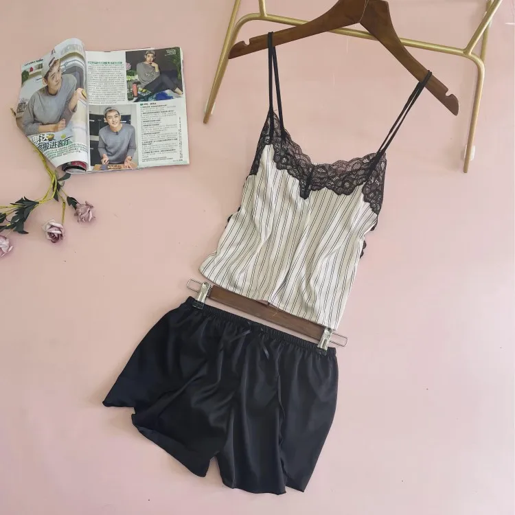 

Summer New Women Pajamas Set Sexy Lace Trim Strap Top&Shorts Casual Loose 2PCS Sleepwear Print Striped Nightwear Silky Homewear