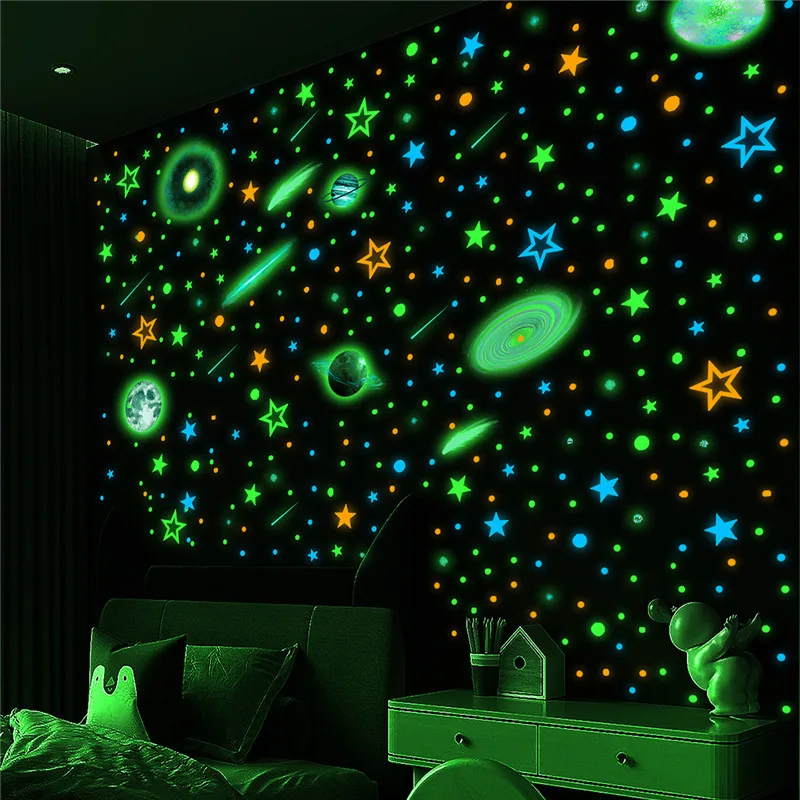 

Luminous Moon and Stars Wall Stickers For Kids Room Baby Space Planet Home Decoration Wall Decals Colorful Fluorescent Stickers