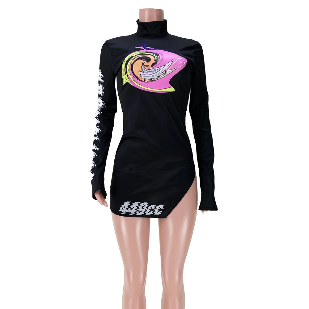 

Sexy Split Micro Mini Dress Black Sexy Club Wear Trendy Print Runway High Neck Long Sleeve Bodycon Dresses D74-CC25