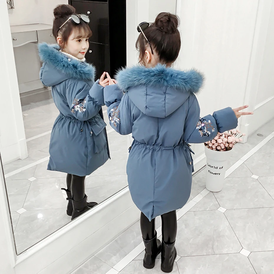 Пальто для девочек пальто с цветочной вышивкой верхняя одежда капюшоном и