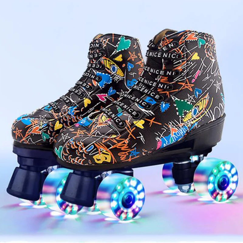 Adult Artificial Lether Roller Skates Double Row Skating Shoes Woman 4-Wheel Flash PU Wheel Outdoor Pantines Sports Shoes