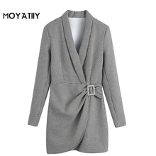 Moyatiiy 2022 moda houndstooth padrão blazer vestido de escritório senhoras lado zíper mini vestidos com cinto feminino (1)