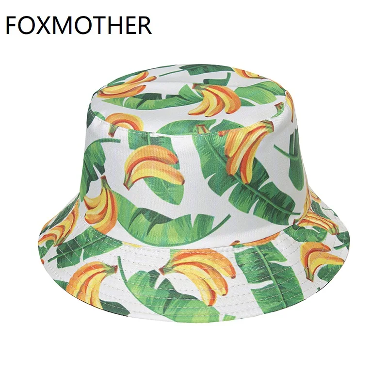 

FOXMOTHER New Spring Summer Black White Yellow Color Fruit Leaf Banana Print Fisherman Hat Sun Fishing Caps Adults Woman Man