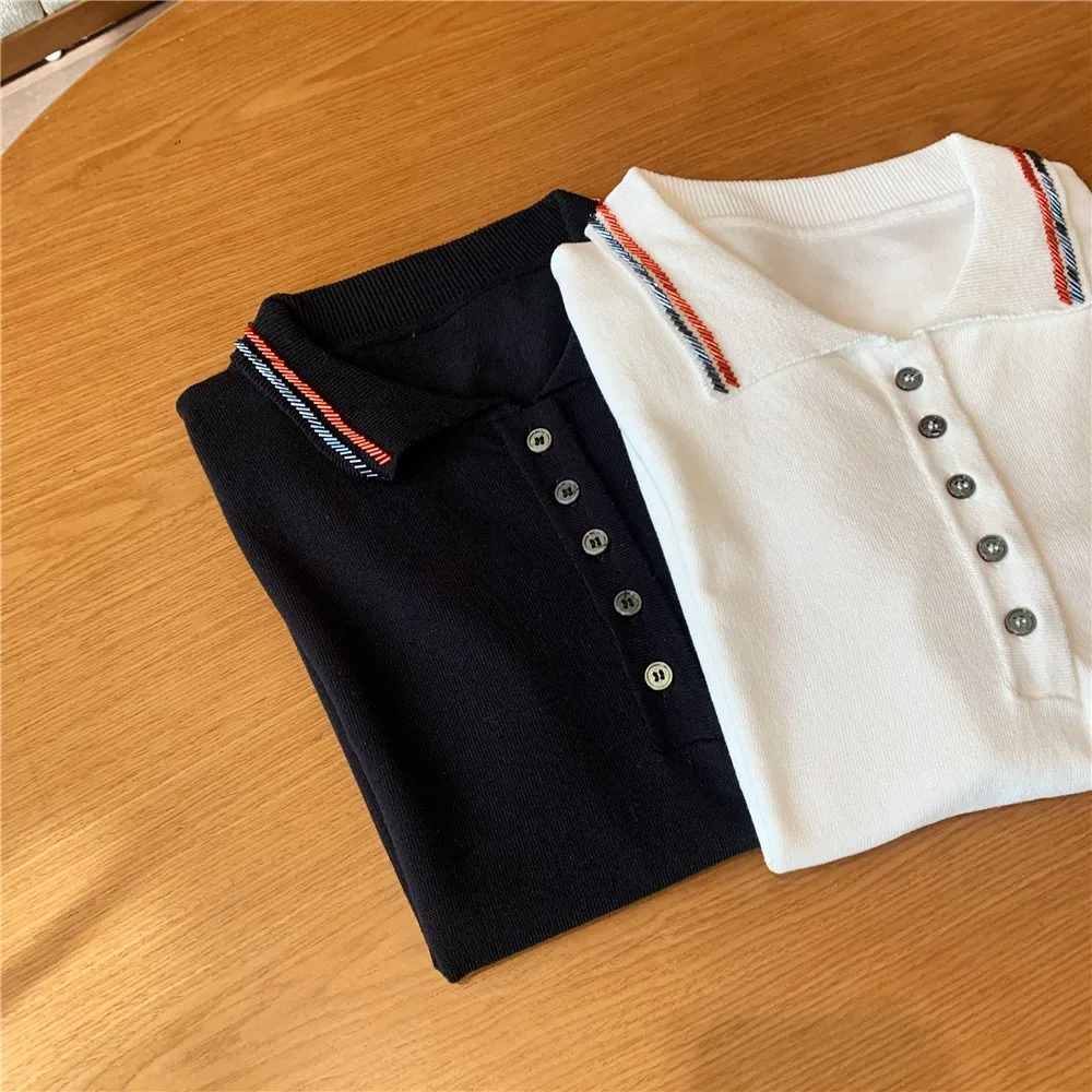 

Juice Snow 2021 New Women Lapel Beaded Stripes TB College Style Knitting T-shirt All-Match Short-Sleeved 5 Buttons Decor Sweater