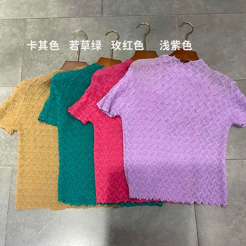 

TVVOVVIN Female All-match Pleated Top Summer New Short Sleeve Half High Collar Perspective Sexy T-shirt AX12