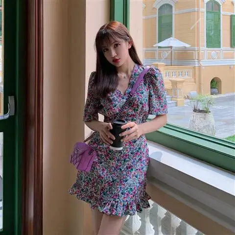 Платье женское Винтажное с цветочным принтом модное элегантное платье коротким