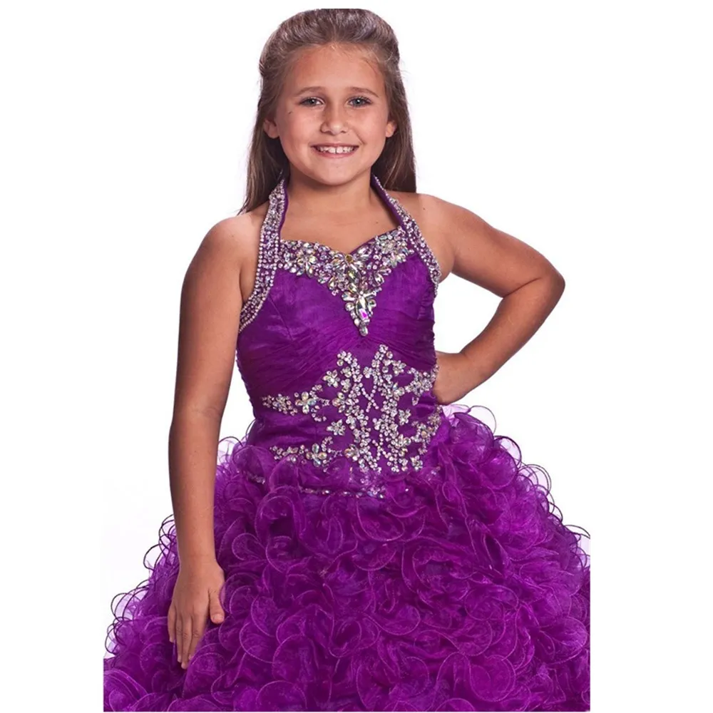 

Lovey Unique Fashions Embellished Girls Pageant Dresses Rhinestone Beaded Halter Neckline Organza Floor Length Skirt