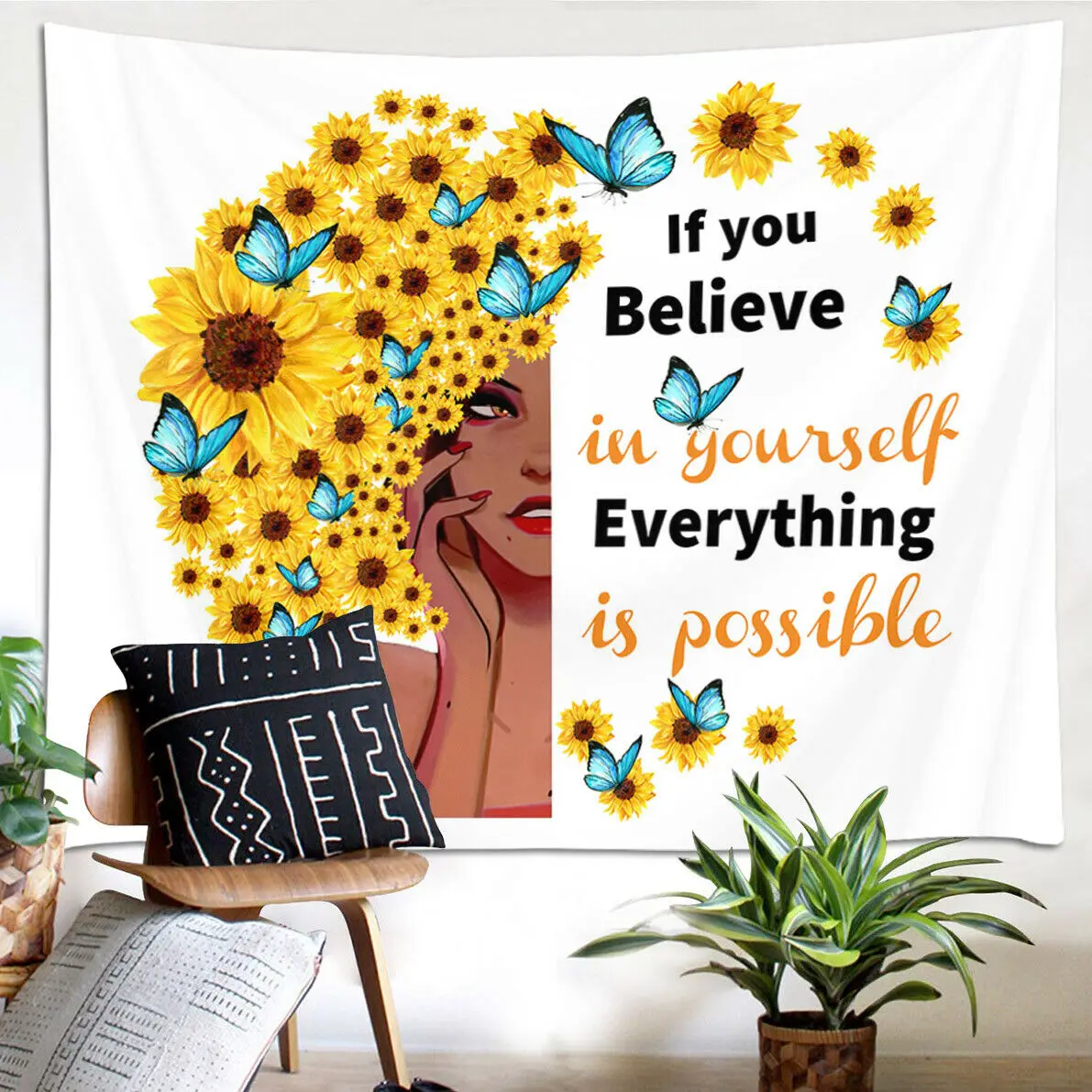 Гобелен с подсолнухами в стиле афроамериканской девушки настенный подвесной