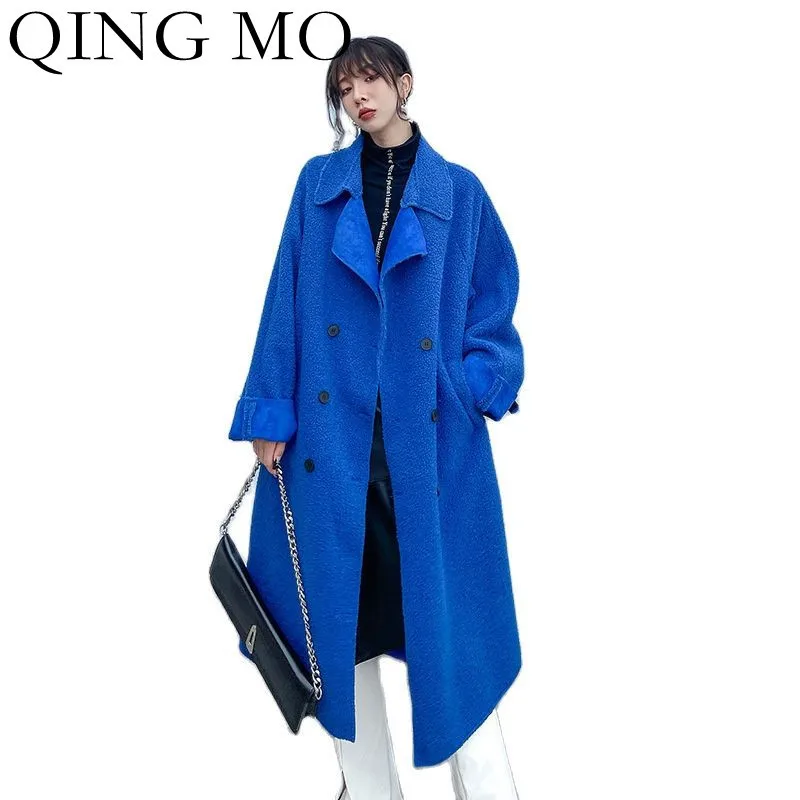 

Женское двубортное шерстяное пальто QING MO, толстое кашемировое пальто с воротником-костюмом, ветровка большого размера, зима 2021