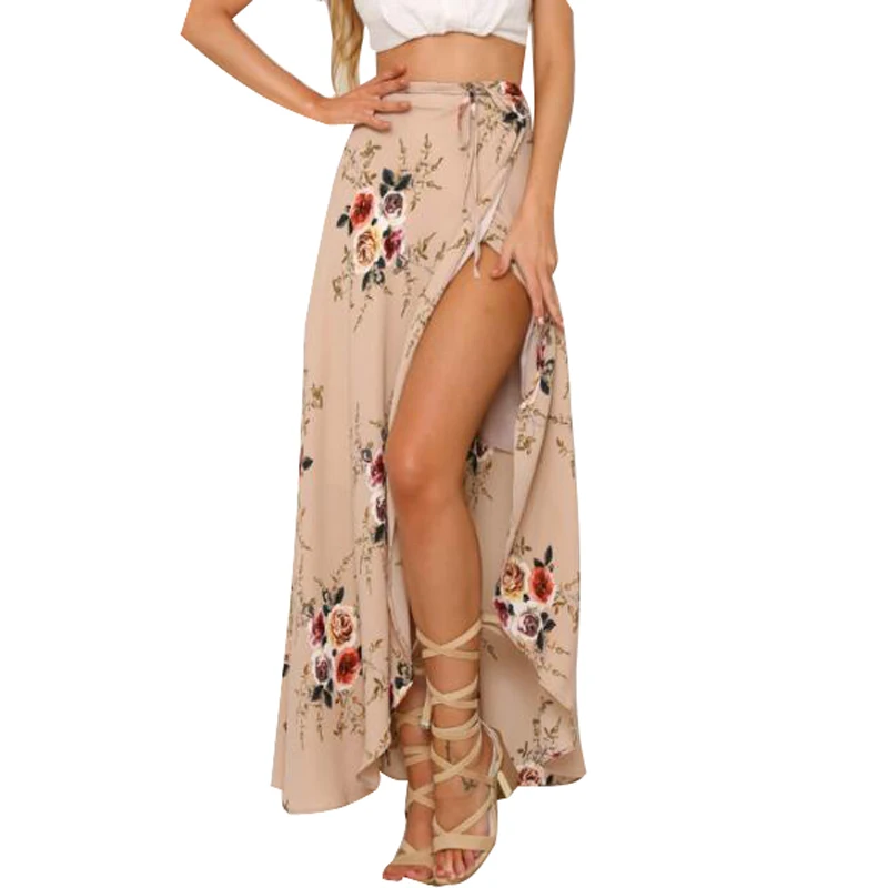 

Women White Irregular Long Skirt 2021 Summer Boho Vintage Floral Print Side Slit Wrap Maxi Skirt Girl Waist Skirts Female