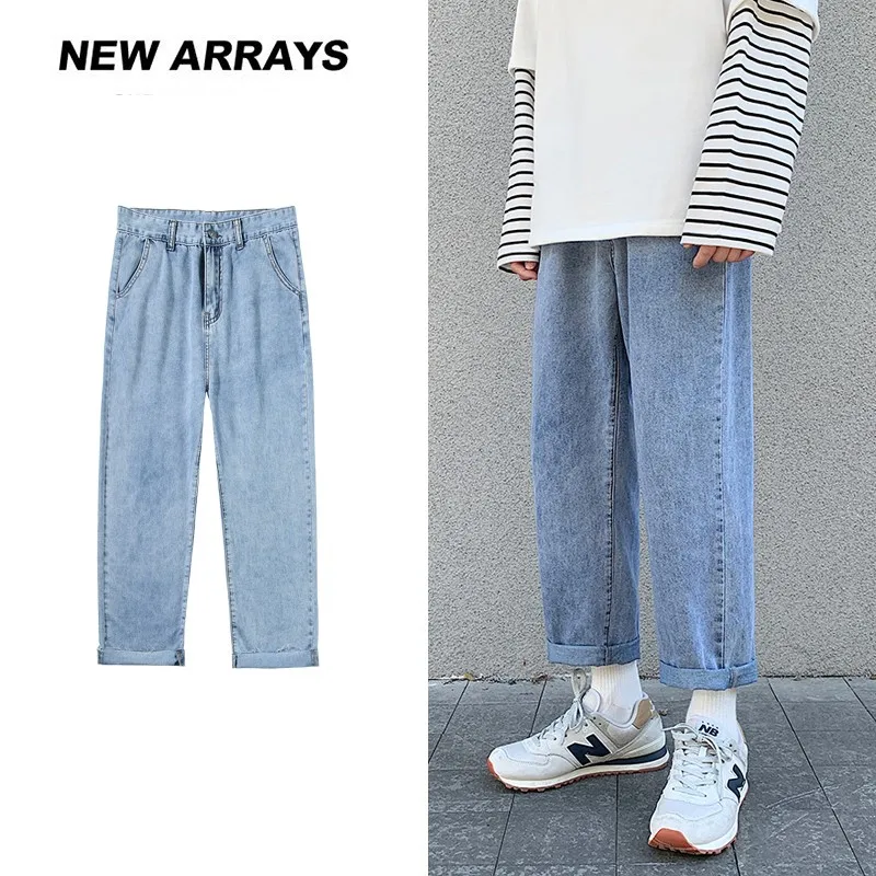 

2020 Autumn New Straight Jeans Men Lightweight Loose Casual Pants Grey Blue Classical Washed Plus Size Denim Trousers Male