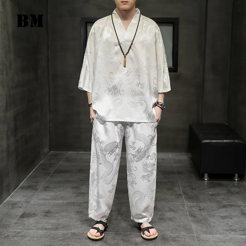

Chinese Style Summer Ice Silk Suit 2021 China Clothes Harajuku Thin Loose Plus Size T-Shirt Trousers Oversized Tang Suit Male