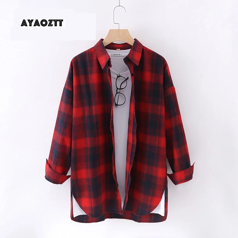 Женские клетчатые блузки AYAOZTT красные черные повседневные рубашки в клетку