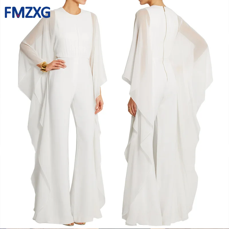 Черный сетчатый шифоновый комбинезон с оборками Женский Осенний круглым вырезом