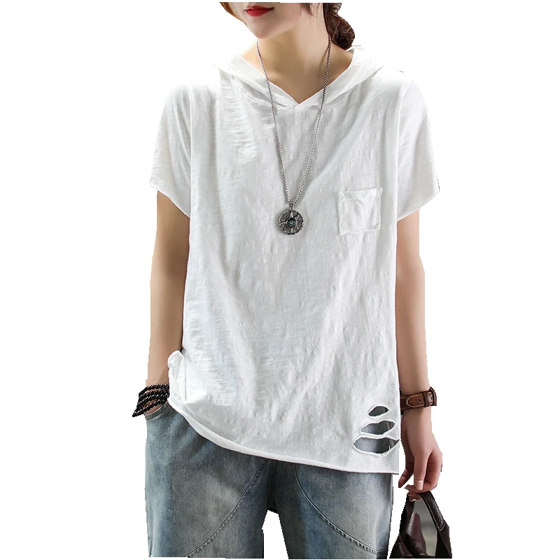 Винтажные Футболки с дырками мягкие футболки из бамбука и хлопка для женщин