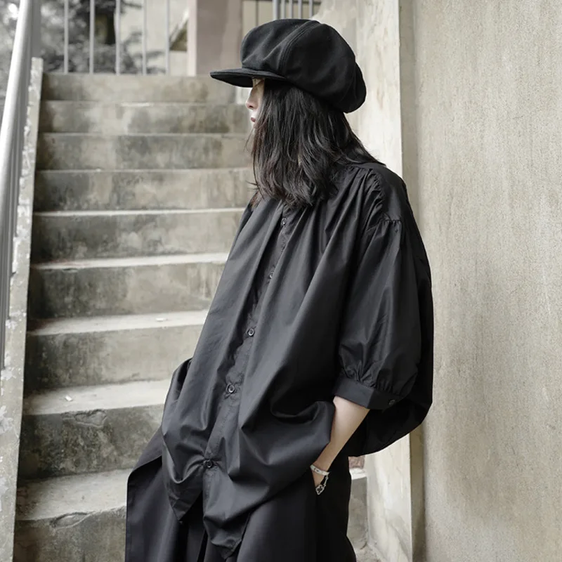 

LANMREM Women's New Shirts Versatile Short Sleeve Shirt Batwing Sleeves Temperament Loose Fit Black Series Summer 2021 2P3174