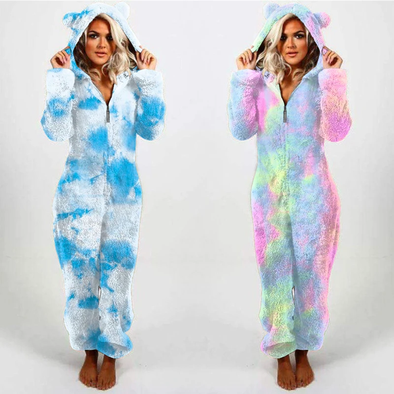 New Winter Warm Cute Pyjamas Women Onesies Hooded Slim-fit Plaid Fleece Sleepwear Jumpsuits Overall Hood Sets Pajamas for Adult