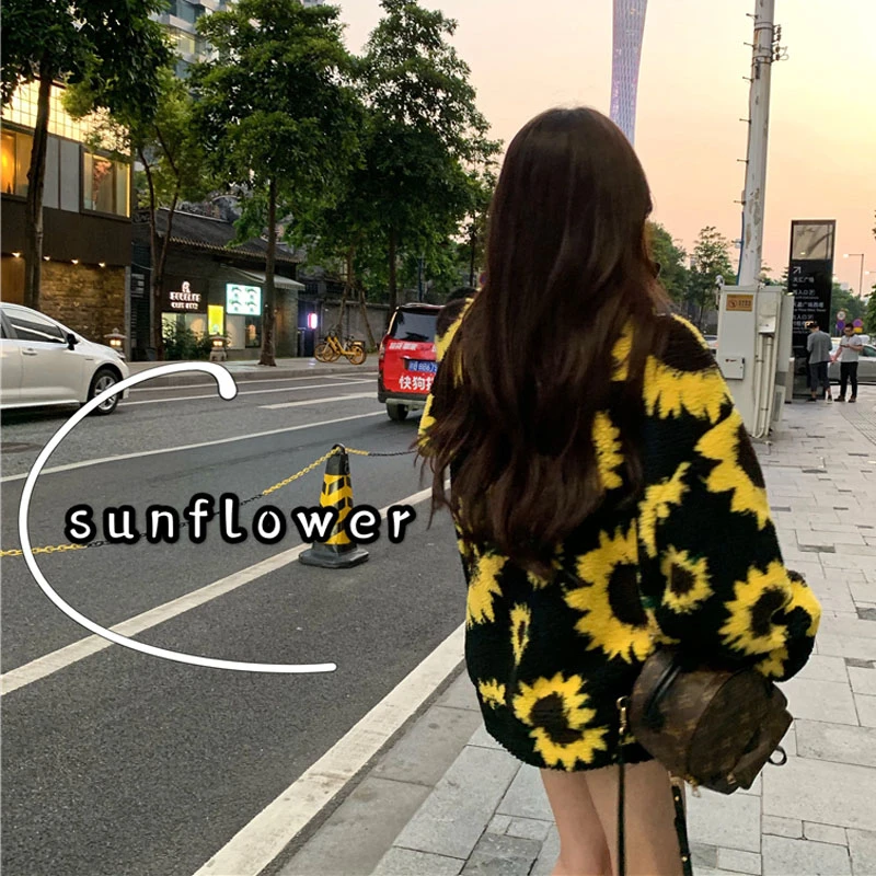 Вельветовый Женский пуловер с подсолнухами уличная Зимняя мода корейский
