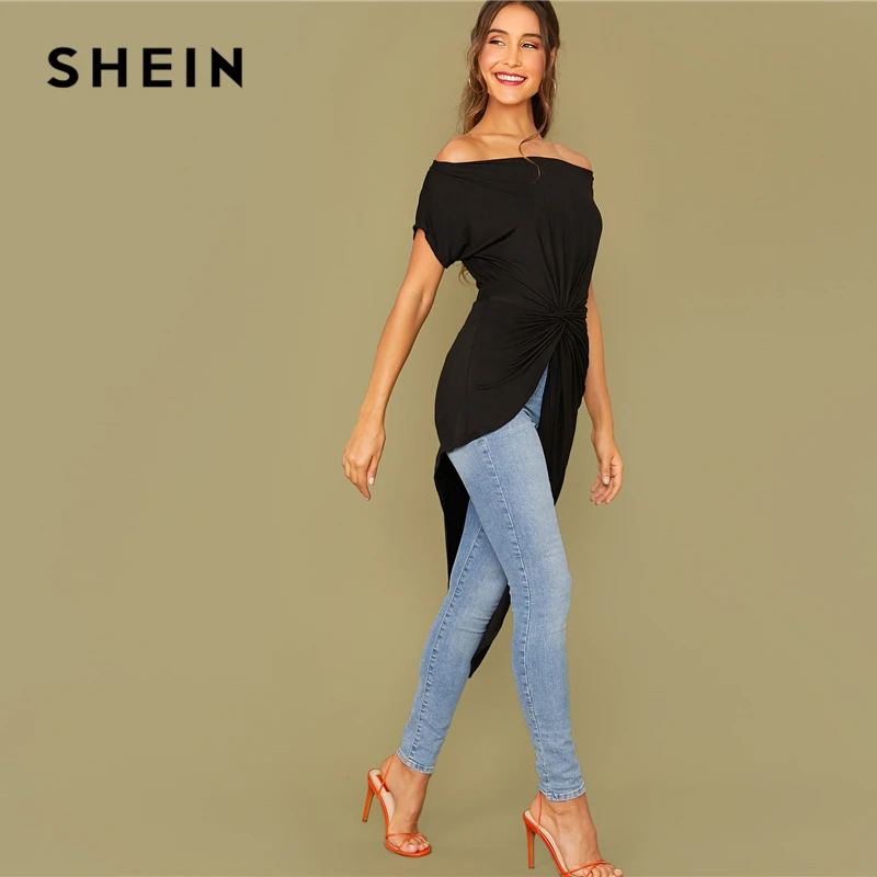 SHEIN черный с плеча твист Спереди асимметричный подол Bardot футболка Женские топы осень короткий рукав Твердые Элегантные футболки