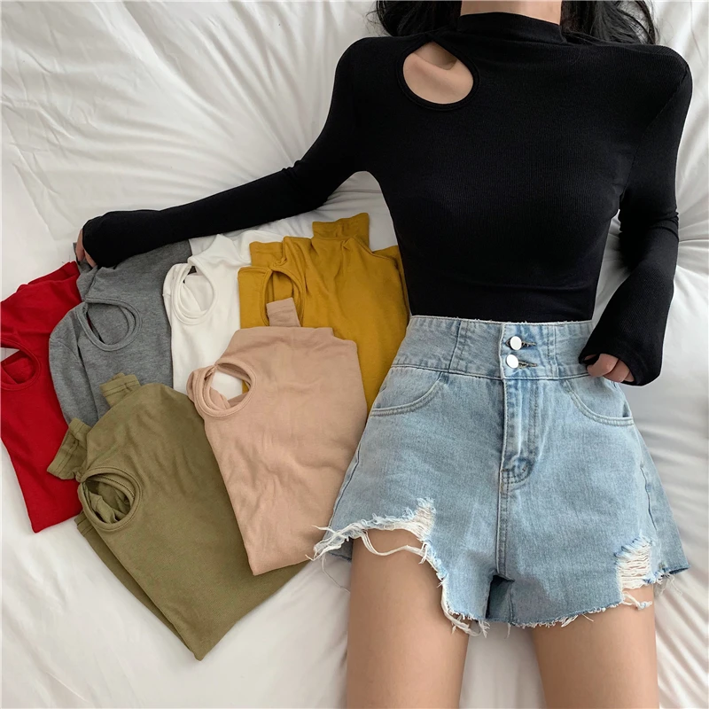 

Женская футболка с длинным рукавом, с вырезами и воротником-стойкой