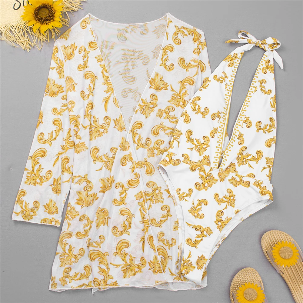 Женский купальный костюм с глубоким вырезом и v-образным белый желтый принтом