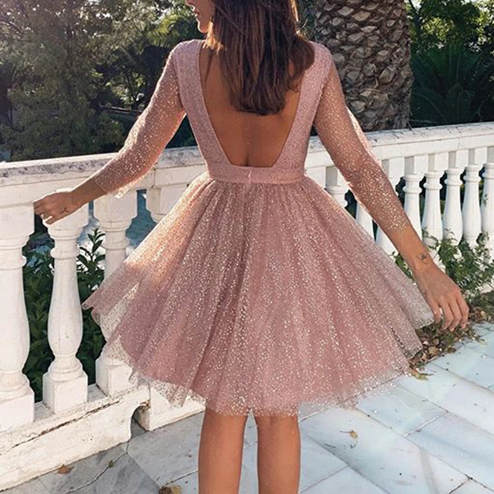 Вечернее сексуальное женское Прозрачное платье с блестками и рукавом 3/4 открытой