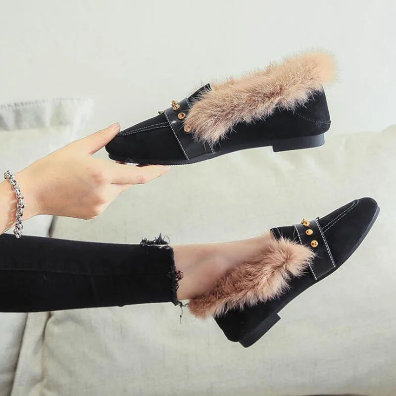 Обувь черного цвета из флока на плоской подошве с мехом Сезон осень зима Женские