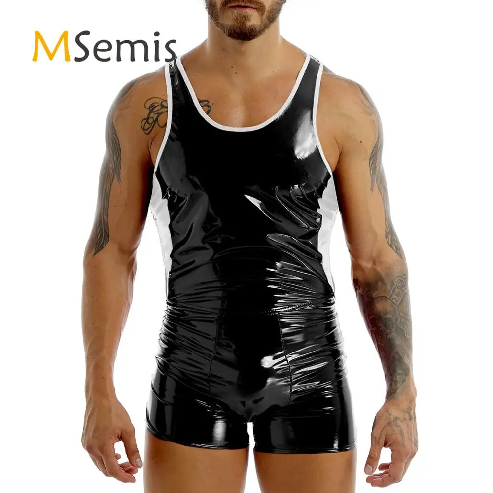 Мужской слитный боди из лакированной кожи с U-образным вырезом без рукавов