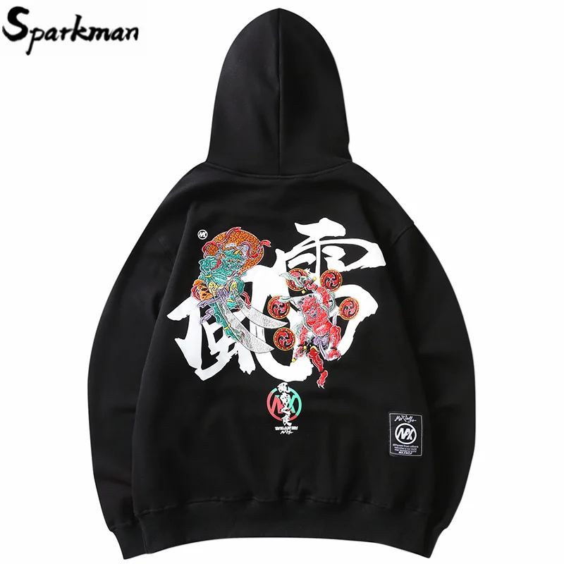 Для мужчин в стиле хип хоп свитер с капюшоном вышивкой гром ветер Harajuku китайском
