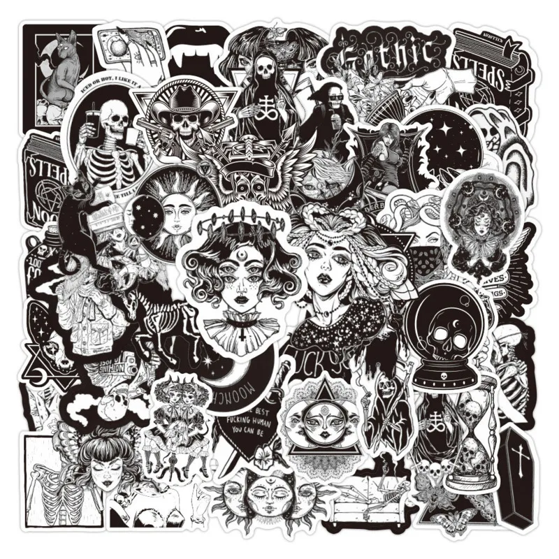 

50Pcs Pack Black And White Gothic Style Girls Skull Stickers Laptop Skateboard Motorcycle Guitar Kids Toy Graffiti Decal Sticker
