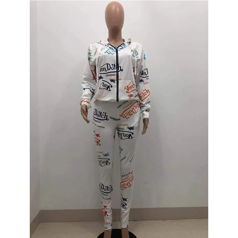 

Tracksuit Women Two Piece Set Stylish Printed Letter Zipper Hoodies Sexy Winter Clothes Slim Tight Pants Wholesale Dropshipping
