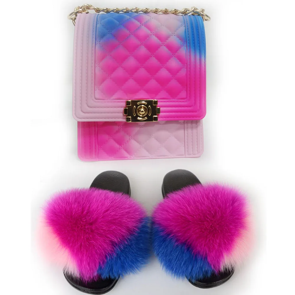 

Меховые сланцы и кошелек в комплекте, меховые тапочки, модная сумка, женские мягкие сандалии из ЭВА и лисьего меха для девочек, кошельки, жен...