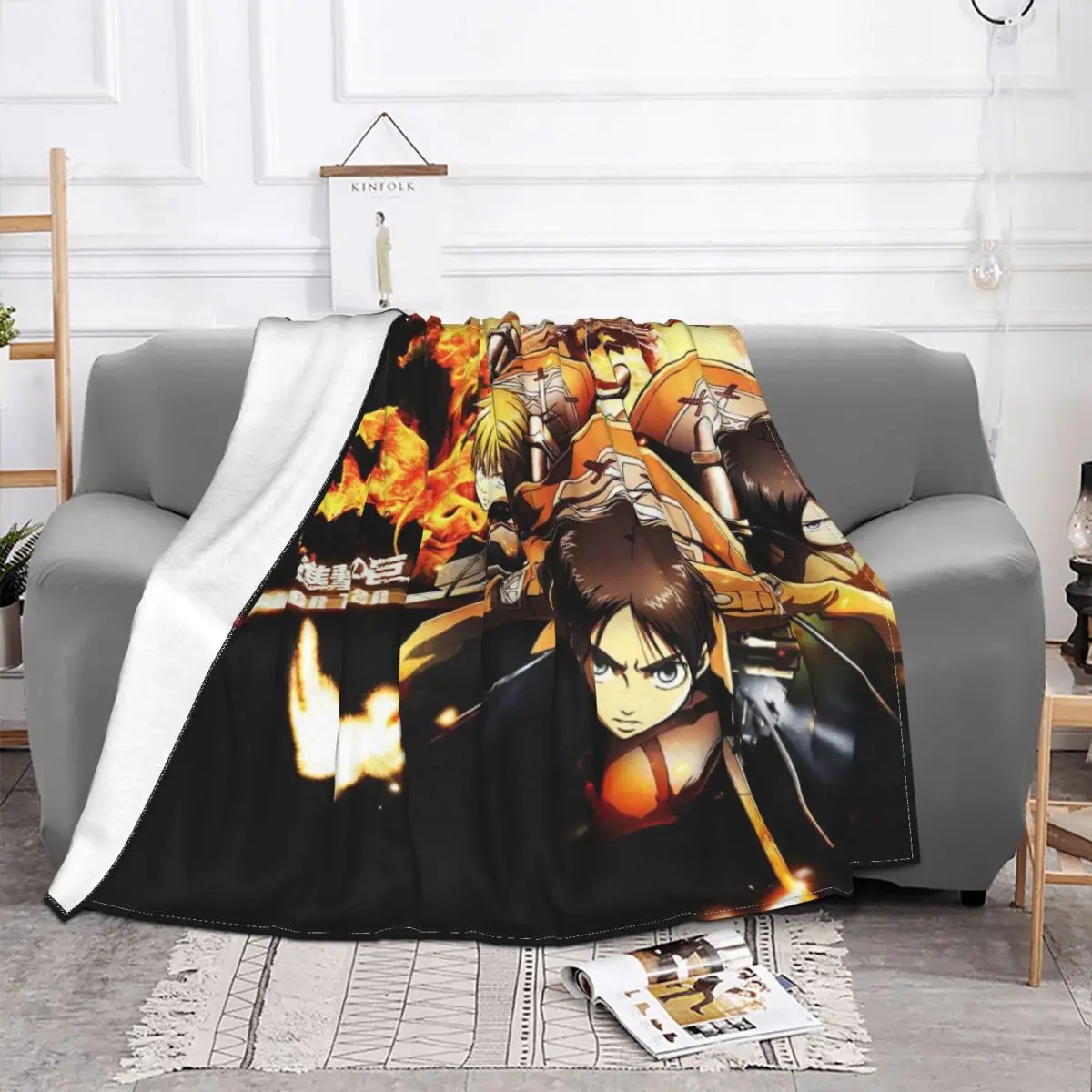 

Manta portátil de franela con estampado de ataque a los Titanes, colchas de decoración textil de Anime AOT para el hogar y el co