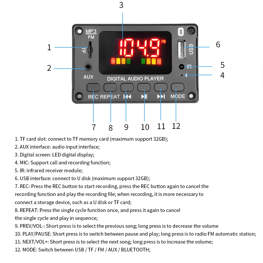 DC 7V-26V 80W усилитель MP3 декодер плата Bluetooth V5.0 Автомобильный плеер USB модуль записи FM