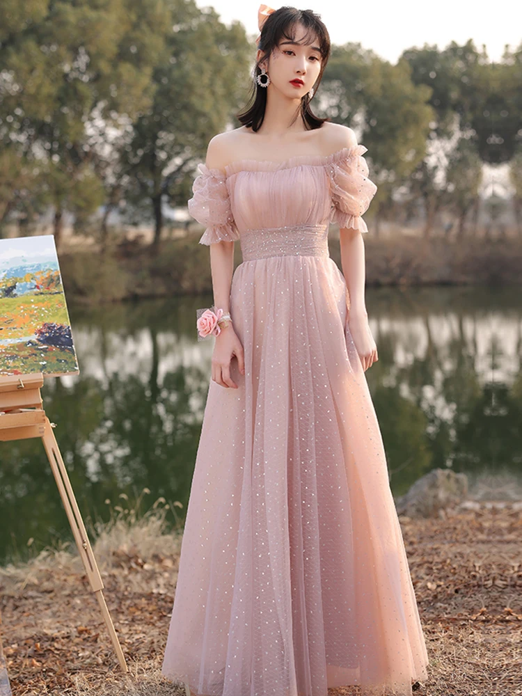 

Sweet Pink 2021 New Sequined Bridesmaid Dresses Grace Pleat Ruched Princess Gowns Bnadage Wedding Dress For Cantata Prom Party