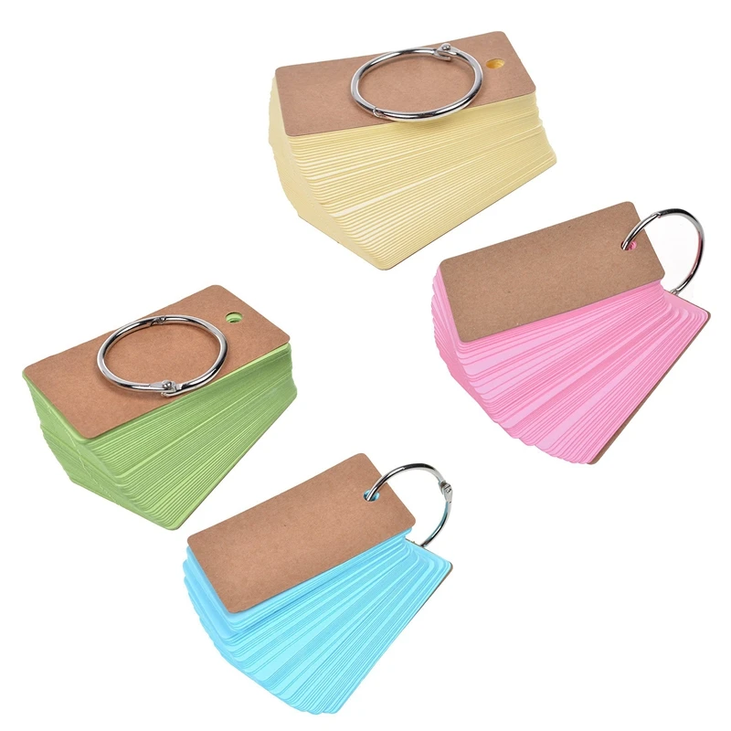 2 PCS Binder Ring Easy Flip Flash Cards Study 100 Unruled Blank Pages (Pink+Yellow & Blue+Green) |