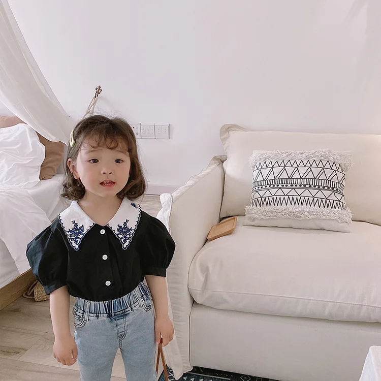 Летние модные рубашки с цветочной вышивкой для девочек Милые детские топы