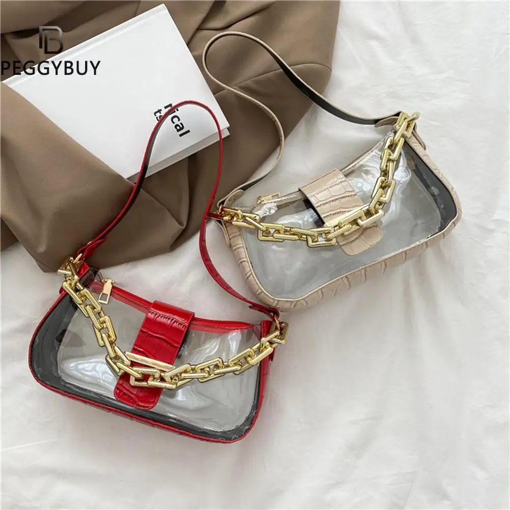 

Fashion Women Transparent Alligator Pattern Patchwork Shoulder Underarm Bag Casual Ladies Thick Chain Small Handbags Purse