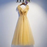 fancy yellow bridesmaid dress sheer neckline with applique pleats tulle with beading party gowns