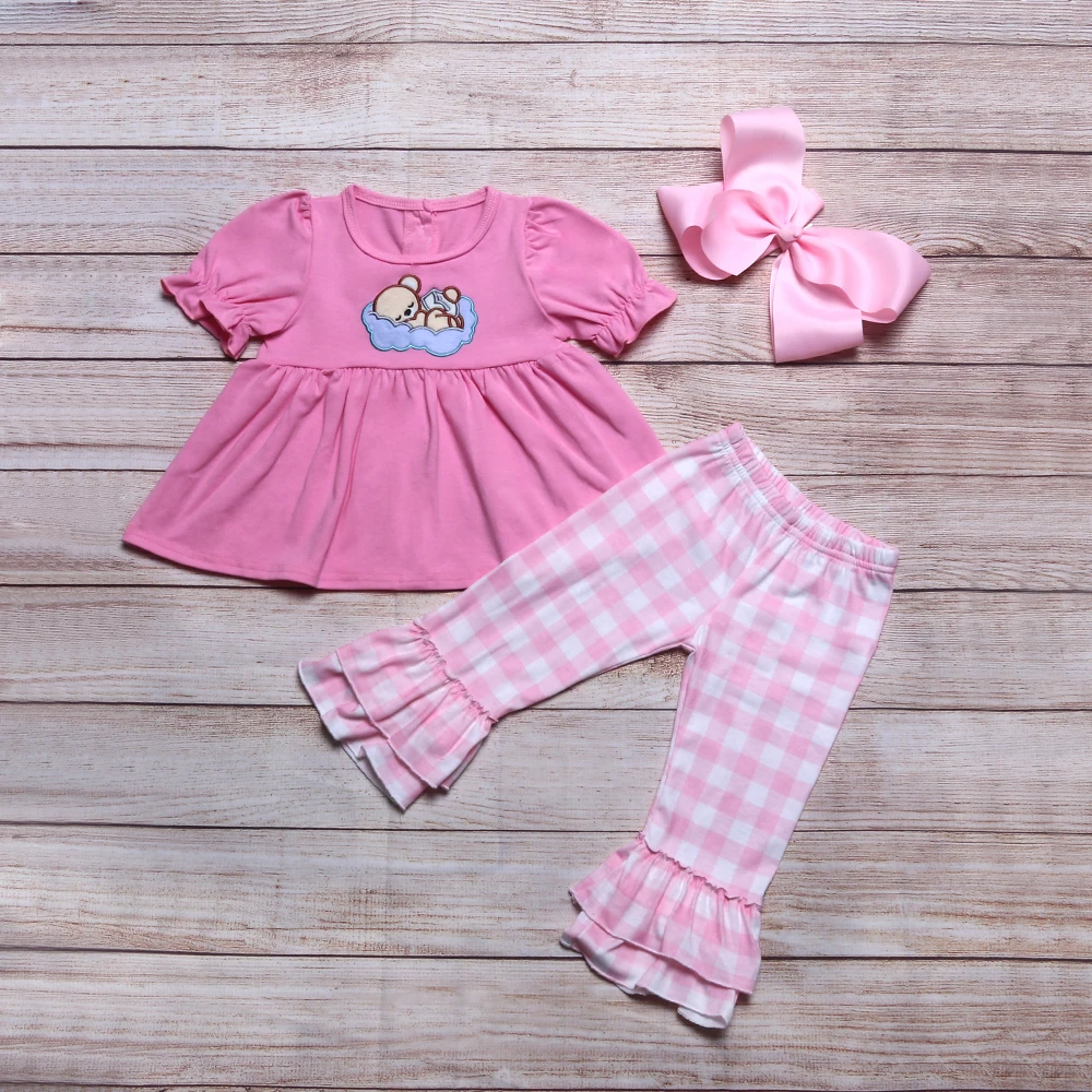

Autumn Girls Clothes Plum Red Short Sleeve Top And Pink Plaid Trousers Baby Bear Sleeping Embroidery Pattern Girl Outfits
