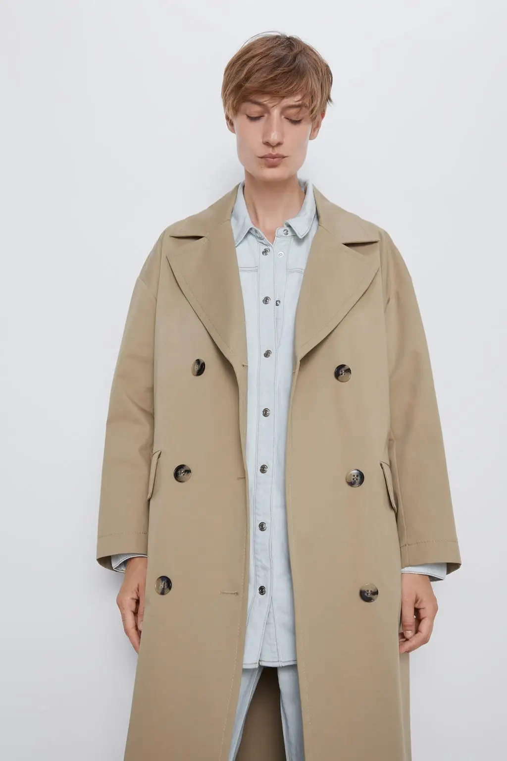 2019 ZA классический цвет хаки британский стиль Женская куртка модная двубортная с