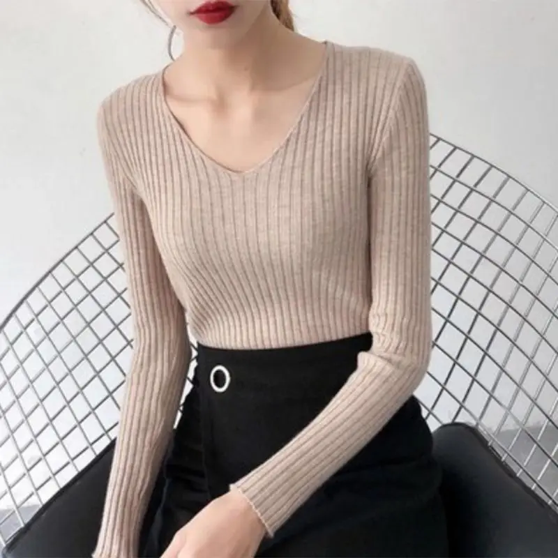 Women Basic V-Neck Sweater Solid Color Ribbed Knit Striped Pullover Jumper Tops | Женская одежда