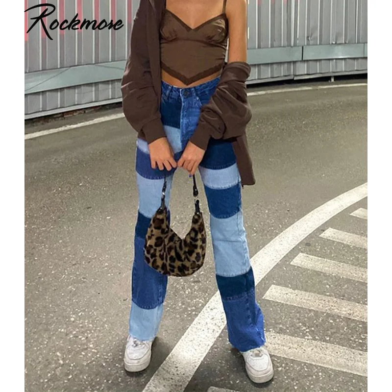 

Rockmore Y2K Patchwork Skinny Straight Jeans Woman High Waist Trousers Color Block Vintage Blue Streetwear Denim Pants Capris