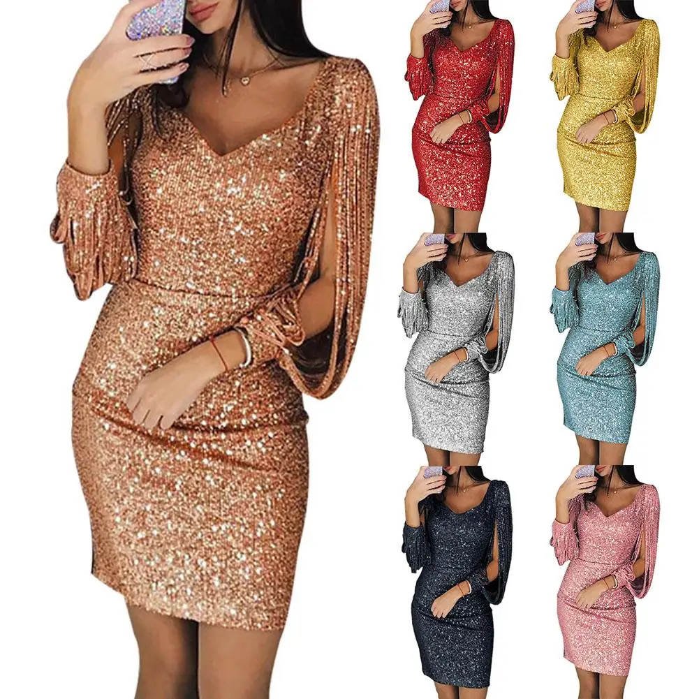 Женское платье с v образным вырезом ever pretty блестящее кисточками и длинными