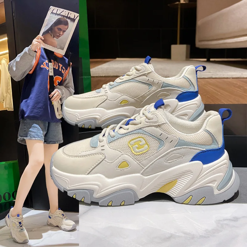 

New Daddy Shoes Women 2021 Fall Significantly Small Foot Fashion Spell Color Platform Shoes Increased Leisure Sports Shoes Mesh