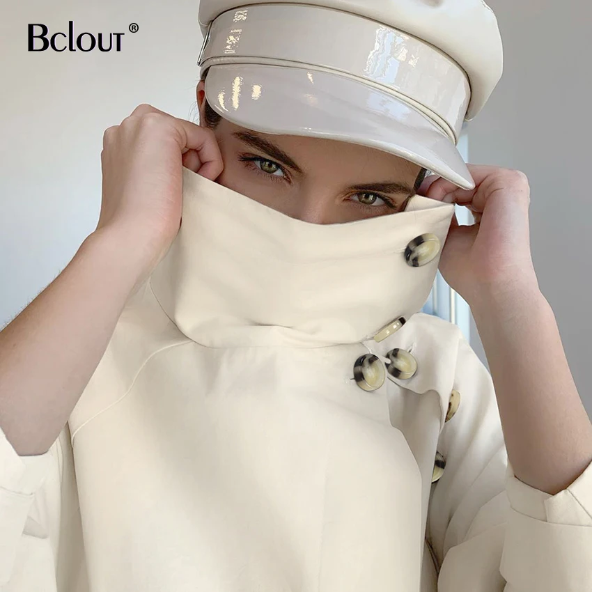 Женская блузка с длинным рукавом bclut бежевая воротником под горло и пуговицами из