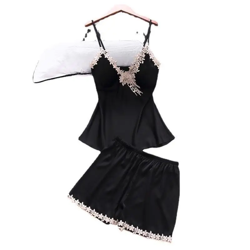 

Xia Bingsi sexy pajamas women's suit Korean embroidery lace sling short two piece set with bra can be worn out