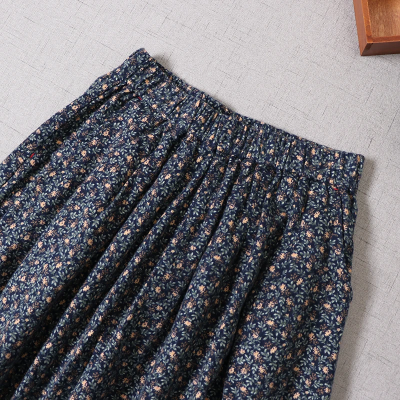 

Mori Girl Literary Japan Style Cotton Floral Print Skirt Autumn Winter New Loose Elastic Waist A-line
