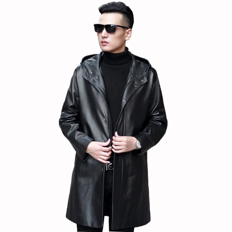 

2020 new leather coat men's first layer leather fur coat hooded long leather windbreaker heining fur coat leather